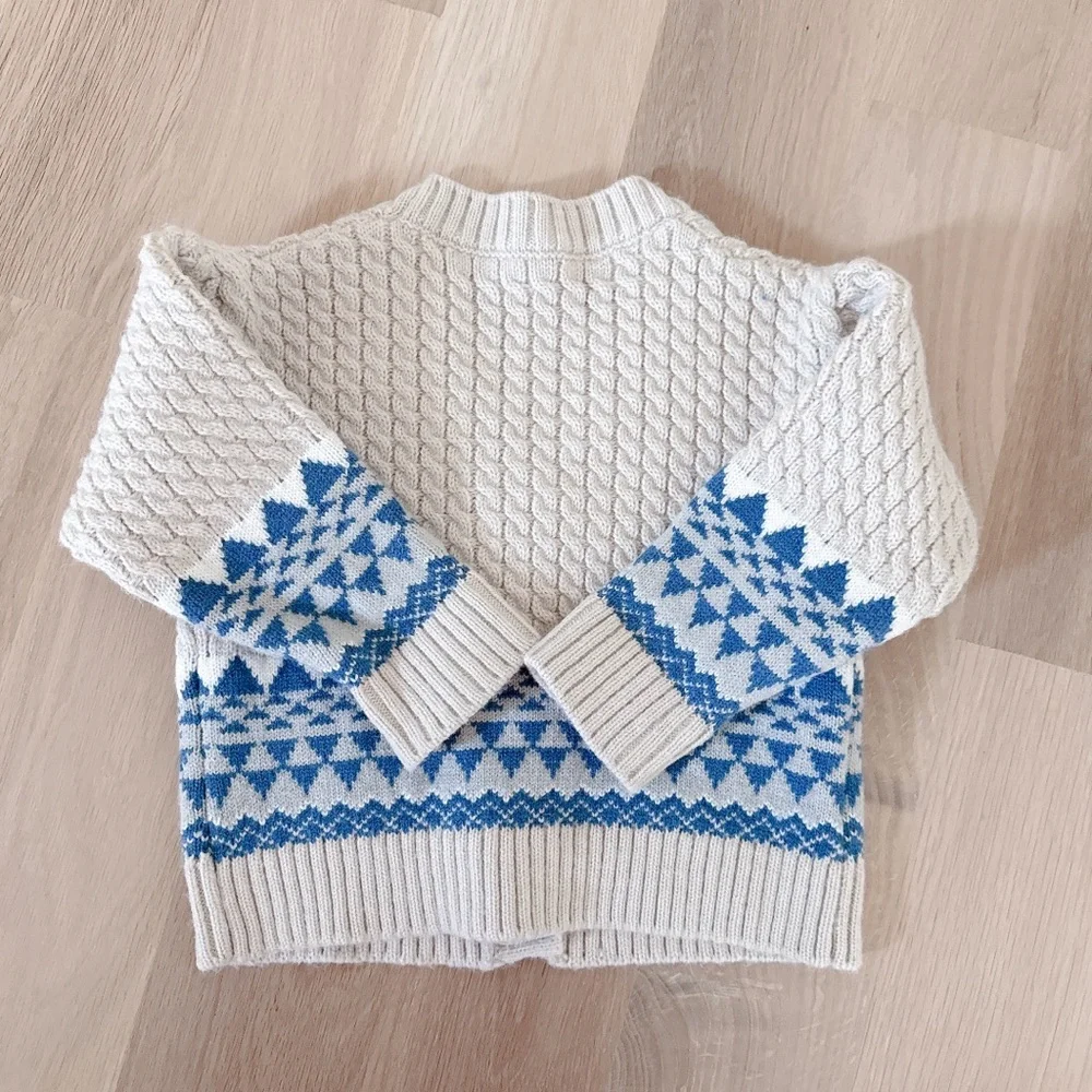 Hand-knit toddler/baby wool fair isle holiday cardigan and cotton plaid shorts